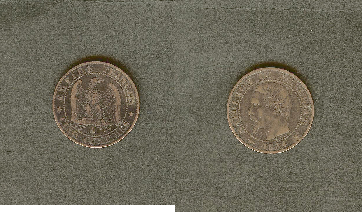 Cinq centimes Napoléon III, tête nue 1854 Paris TTB